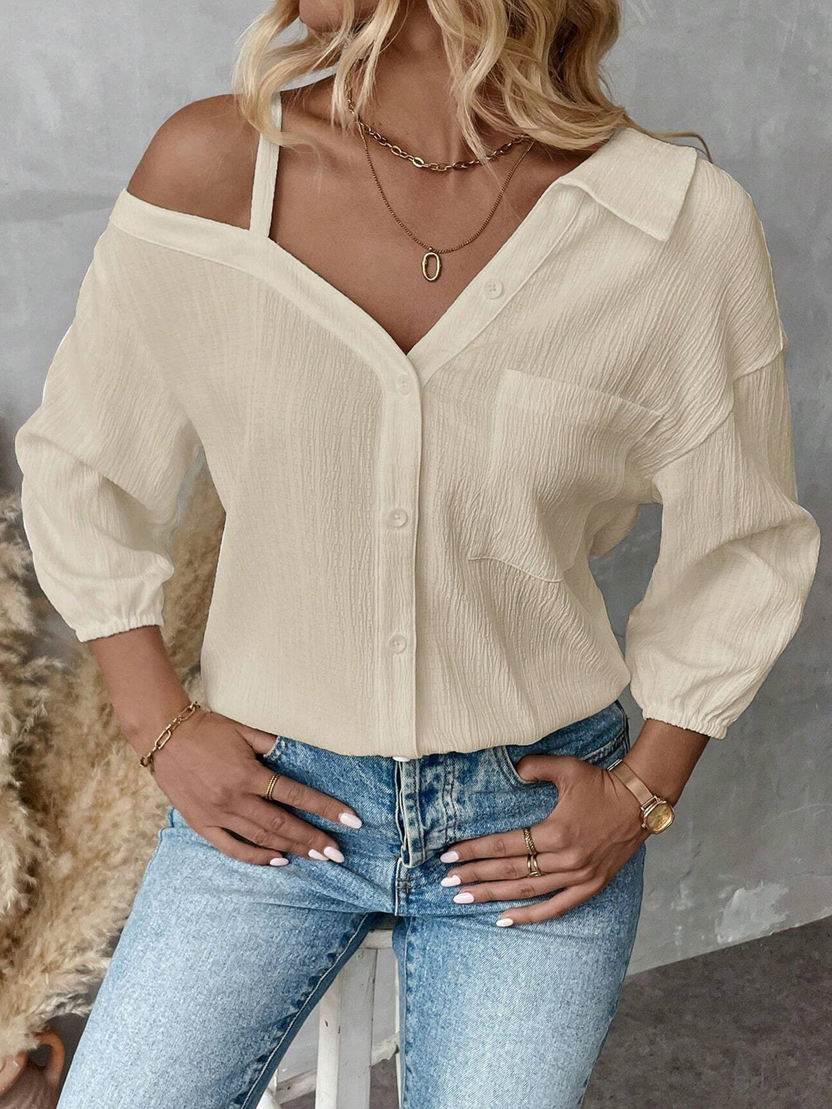Charmo Women's One Shoulder Button Down Blouse Long Sleeve Asymmetrical Shirt Tops Textured Collared Blouse Dressy Casual Tops