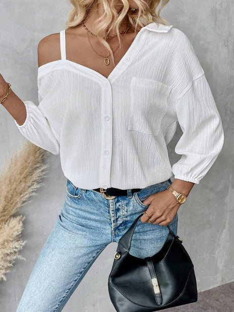 Charmo Women's One Shoulder Button Down Blouse Long Sleeve Asymmetrical Shirt Tops Textured Collared Blouse Dressy Casual Tops