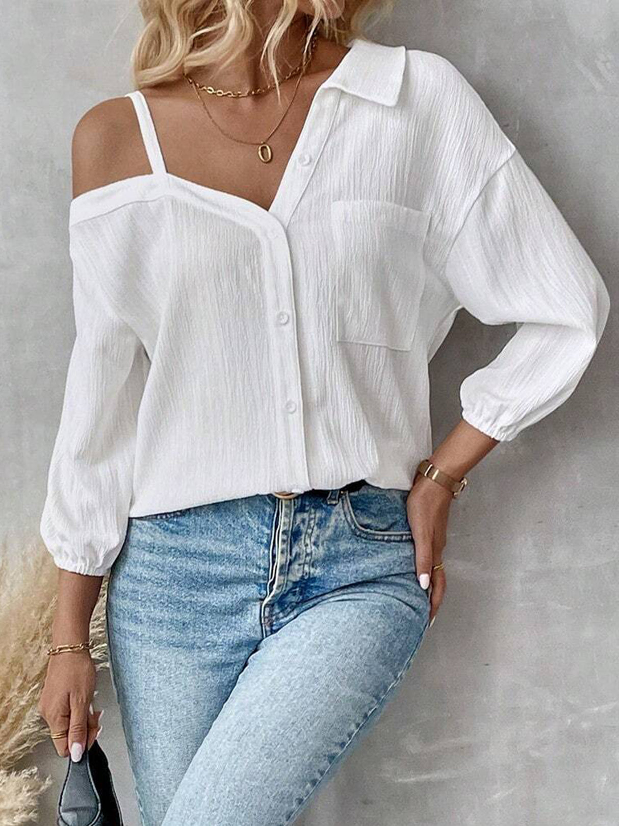 Charmo Women's One Shoulder Button Down Blouse Long Sleeve Asymmetrical Shirt Tops Textured Collared Blouse Dressy Casual Tops
