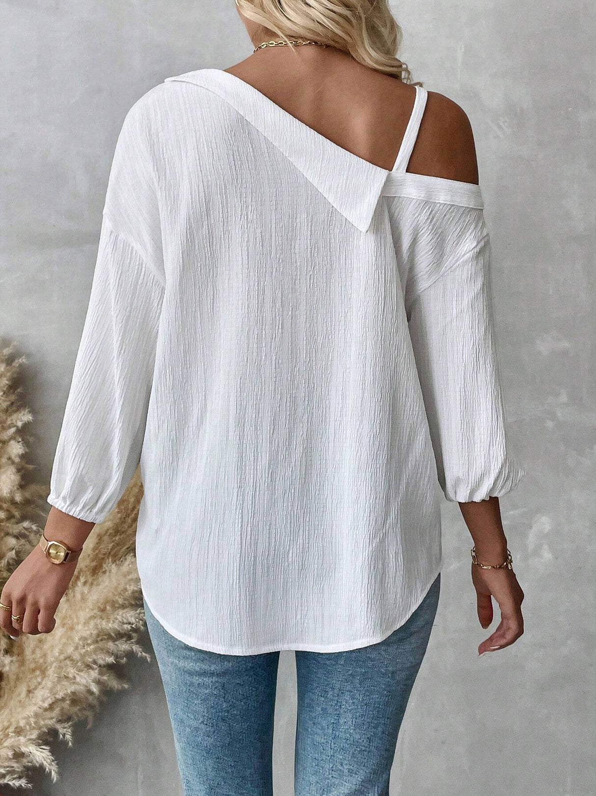 Charmo Women's One Shoulder Button Down Blouse Long Sleeve Asymmetrical Shirt Tops Textured Collared Blouse Dressy Casual Tops
