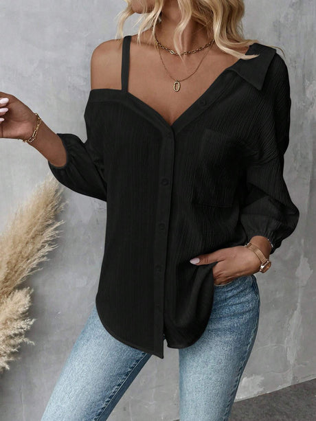 Charmo Women's One Shoulder Button Down Blouse Long Sleeve Asymmetrical Shirt Tops Textured Collared Blouse Dressy Casual Tops