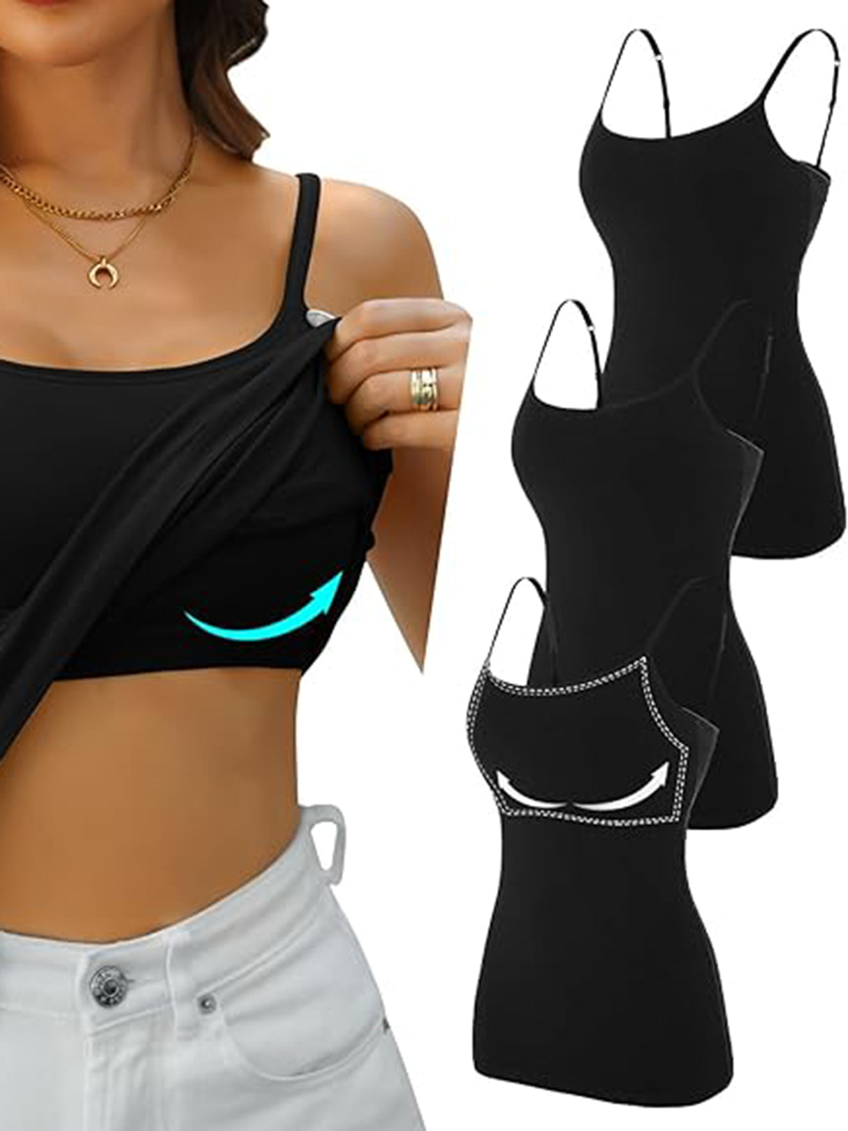 Sociala Women Cotton Camisole Shelf Bra Cami Adjustable Spaghetti Strap Tank Top 3-Pack