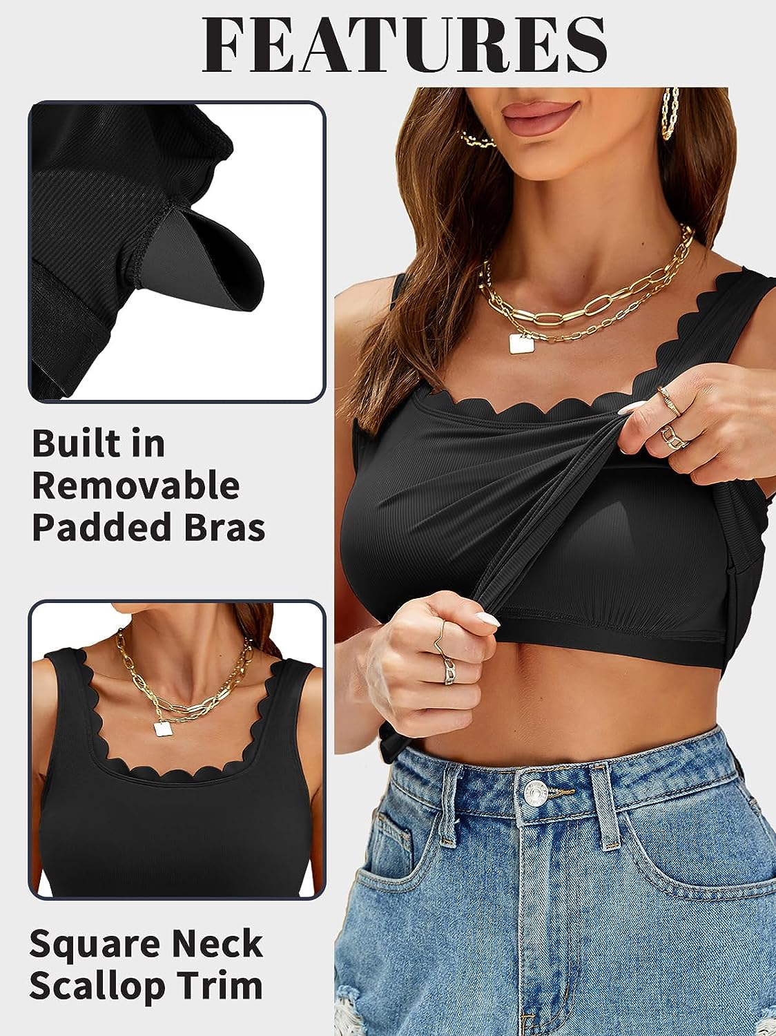 Charmo Womens Scalloped Square Neck Tank Tops Wider Straps Ribbed Undershirts Built-in Bras