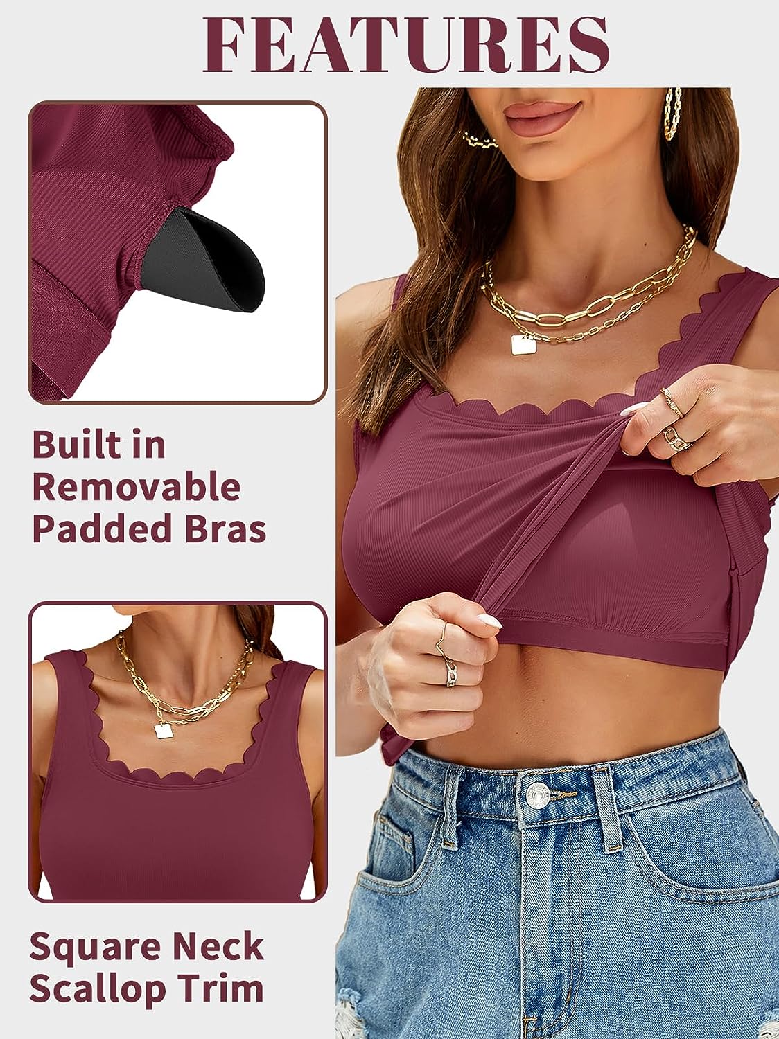 Charmo Womens Scalloped Square Neck Tank Tops Wider Straps Ribbed Undershirts Built-in Bras