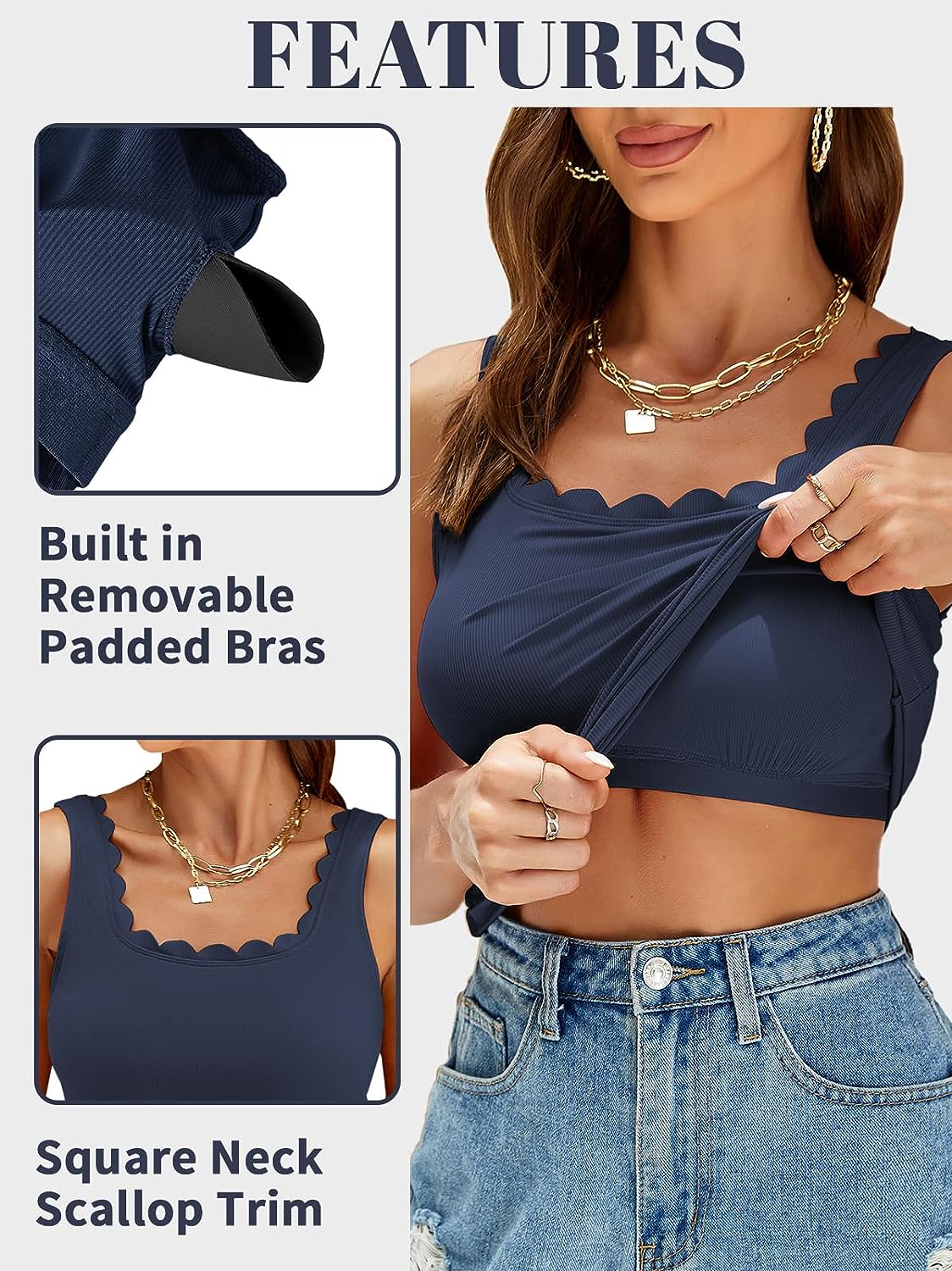 Charmo Womens Scalloped Square Neck Tank Tops Wider Straps Ribbed Undershirts Built-in Bras