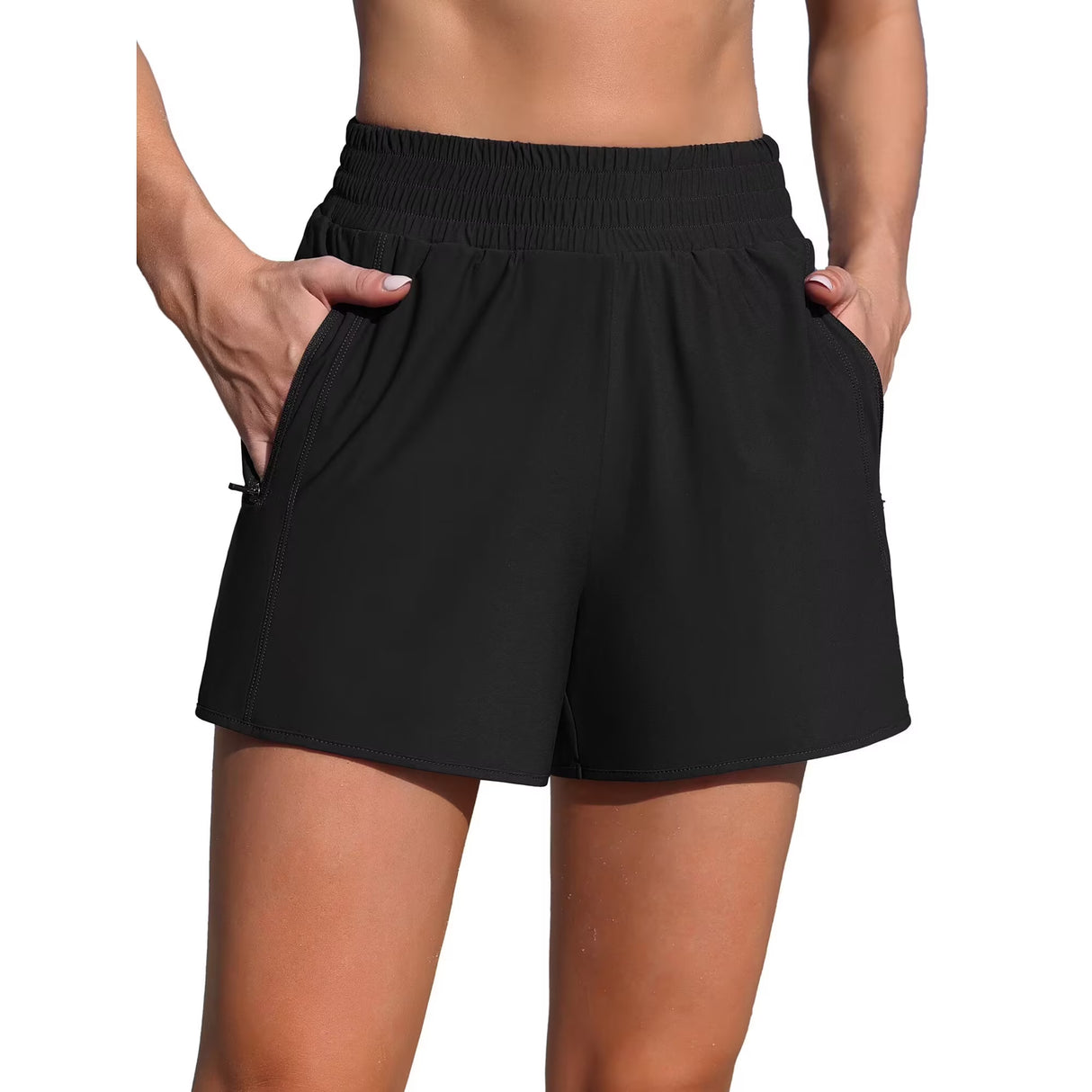 Charmo High Waisted Swim Shorts for Womens with Zipper Pockets Quick Dry Board Shorts Swimsuit Bottoms Built-in Brief