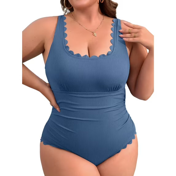 Asoul Plus Size Ribbed Swimsuit for Womens One Piece Scalloped Swimwear Tummy Control Bathing Suits