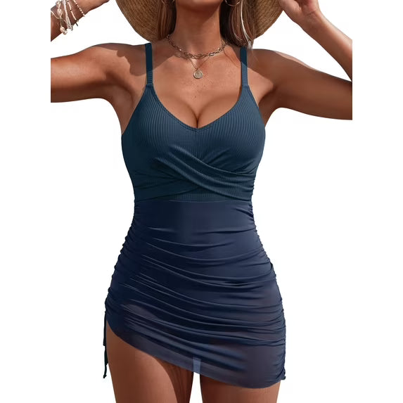 Asoul Twist V Neck One Piece Swimsuit for Womens Tummy Control Swimdress Monkini Swimwear Tie Side Mesh Bathing Suits