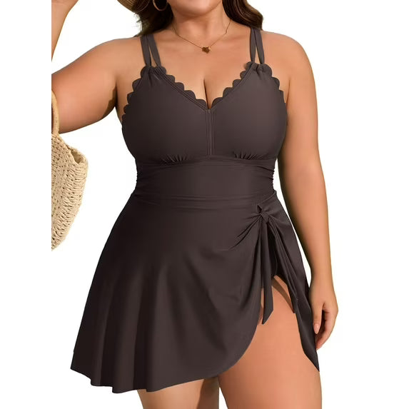 Asoul Womens Plus Size Scalloped V Neck One Piece Swimsuits Side Tie Knot Swimdress Bathing Suits