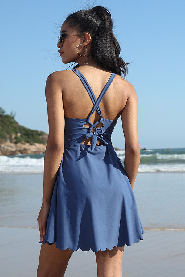 Women's Tummy Control Swimdress U Neck Scalloped Criss Cross Strappy Swimsuits Built-in Briefs