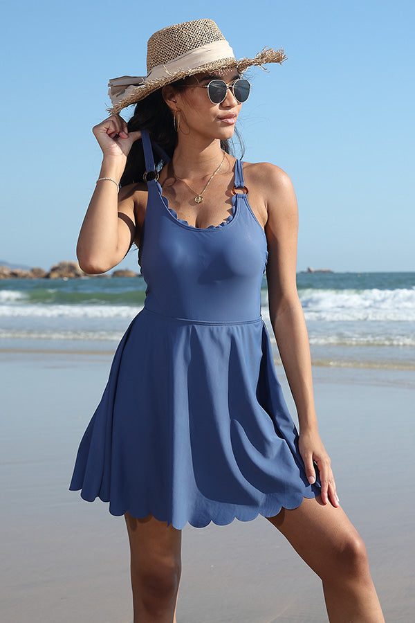 Women's Tummy Control Swimdress U Neck Scalloped Criss Cross Strappy Swimsuits Built-in Briefs