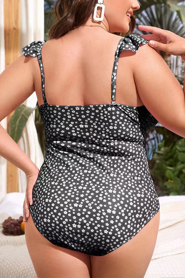 Plus Size Floral Print V Neck Ruffle Ruching Cut Out One Piece Swimsuit
