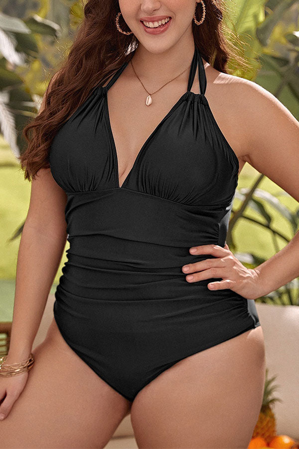 Plus Size Black Solid Color V Neck Ruffle Ruching One Piece Swimsuit