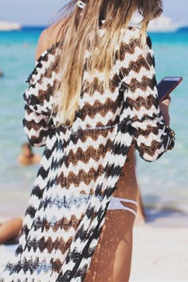 Lace Wavy Striped V Neck Elegant Beachwear