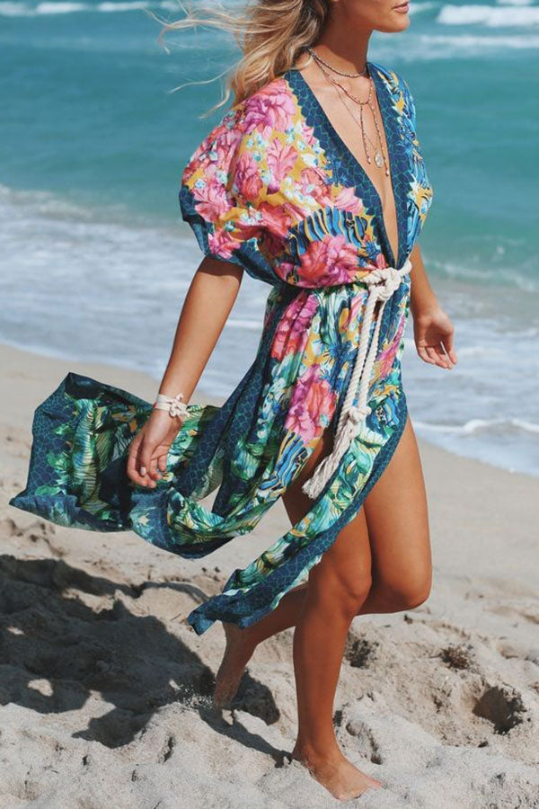 Floral Print Oriental Side Slit Belted Beachwear