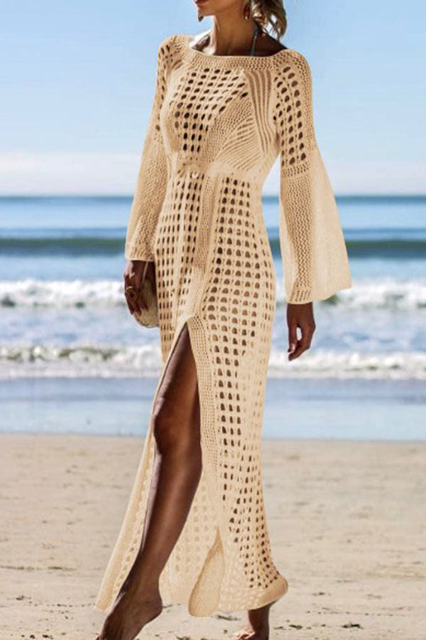 Solid Color Glamorous Drawstring Side Slit Cutout Crochet Beachwear