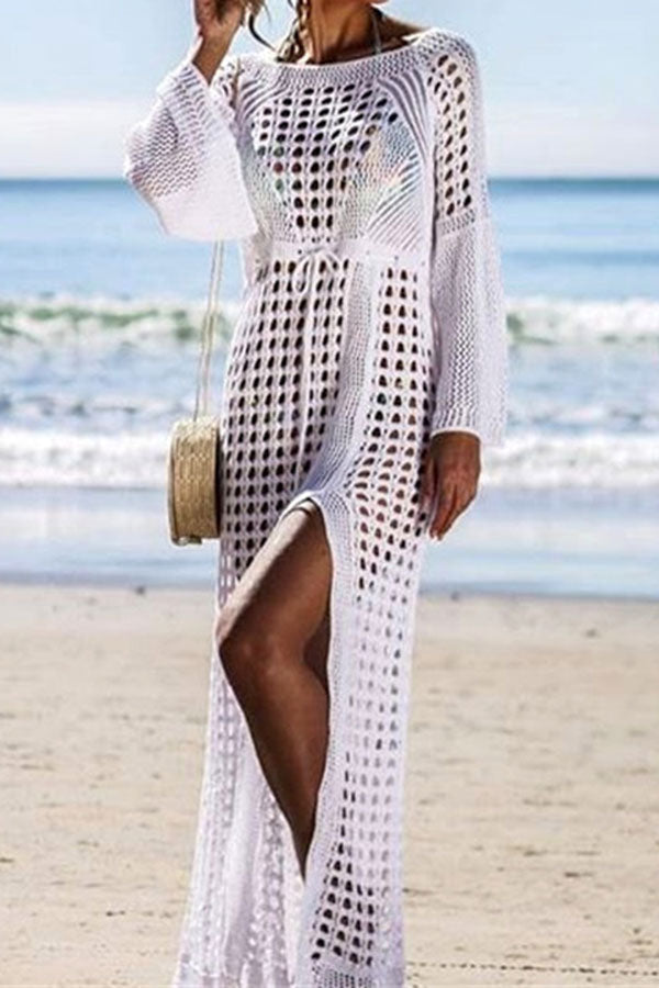 Solid Color Glamorous Drawstring Side Slit Cutout Crochet Beachwear