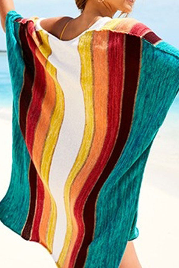 Rainbow Stripe V Neck Bright High Low Knitted Beachwear