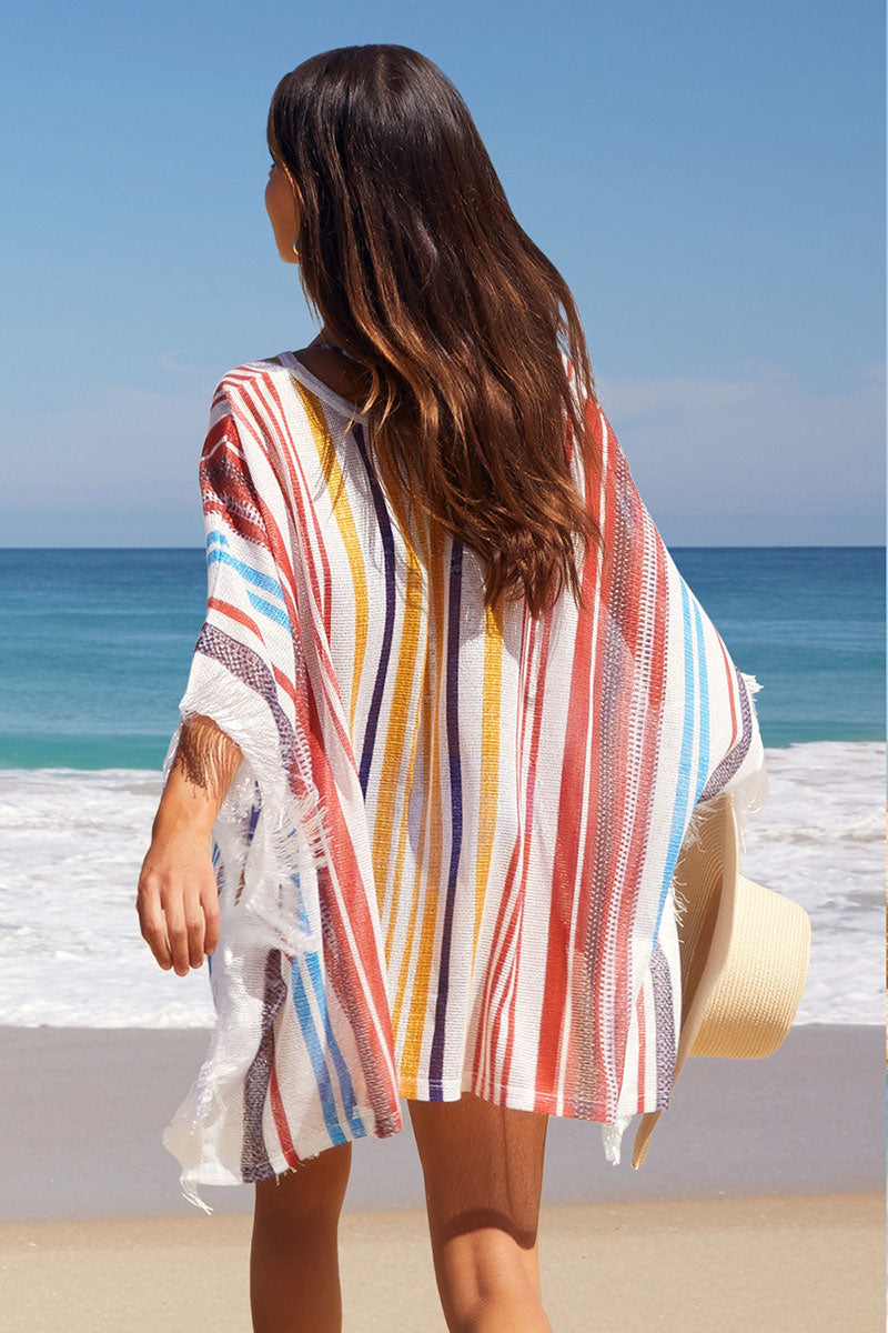Colorful Vertical Striped Tassel Trim Dress Beachwear