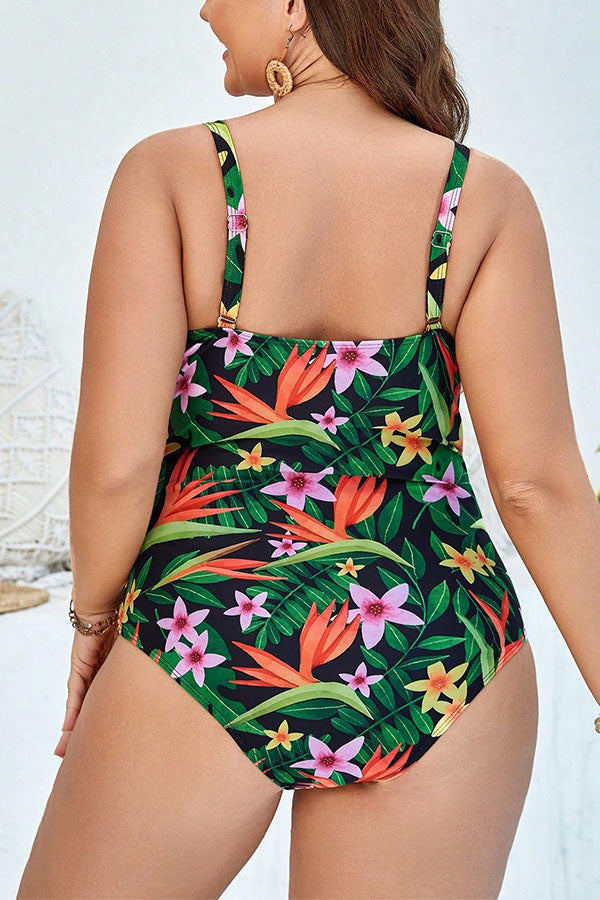 Plus Size Floral Print Adjustable Shoulder Strap One Piece Swimsuit