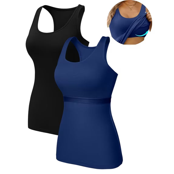 Charmo 2-Pack Cotton Tank Tops for Womens with Shelf Bra Racerback Yoga Camisole Workout Undershirts