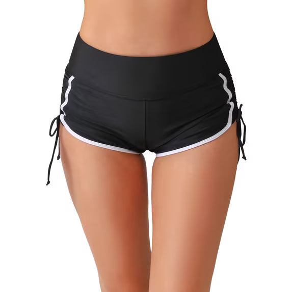 Charmo Scalloped Swim Shorts for Womens High Waisted Drawstring Swimsuit Bottoms Tankini Swim Board Shorts