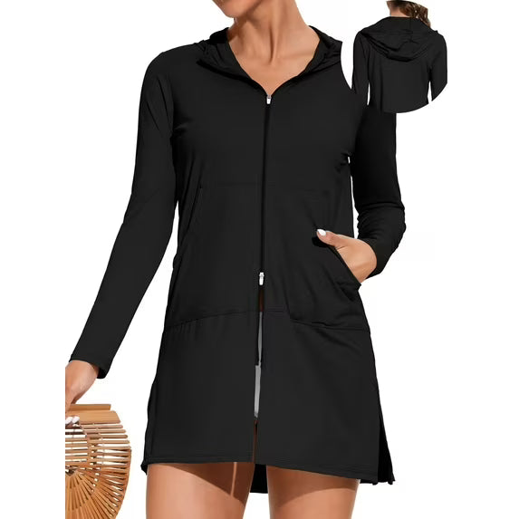Asoul Women's Hooded UPF 50+ Rash Guard Long Sleeve UV Protection Zipper Swim Shirts Quick Dry Hiking Runing Shirts with Pockets
