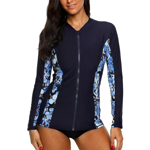 Charmo Women's Zipper Long Sleeve Rash Guard Sun Protection Swim Shirt Athletic Workout Running Tops Shirts