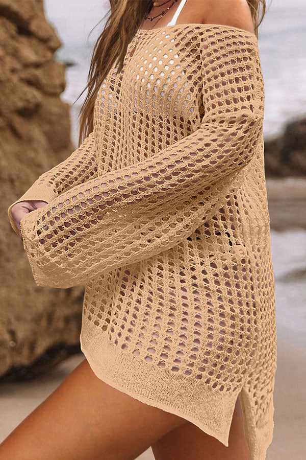 Hollow Out Split Hem Drop Shoulder Camel Cover Up