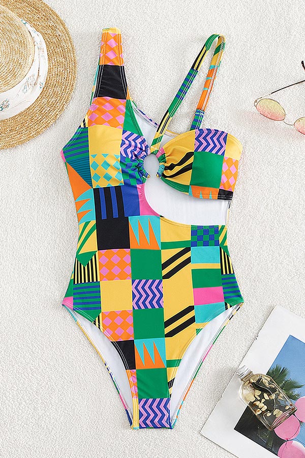 Geometry Pattern Ruching Cut Out One Piece Swimsuit