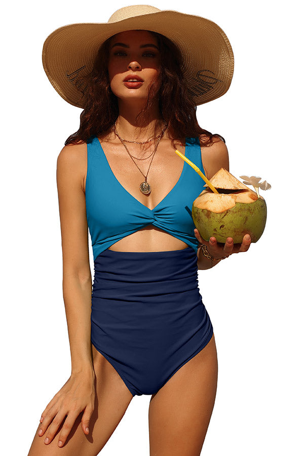 V Neck Ruched Cut Out Tummy Control One-Piece Swimsuit