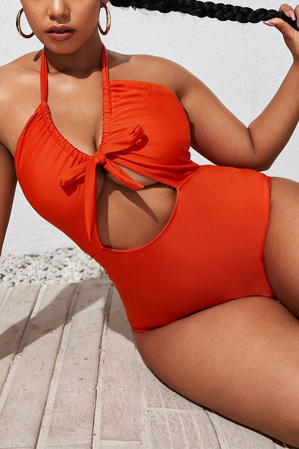 Plus Size Solid Color Ruching Knotted Cut Out One Piece Swimsuit