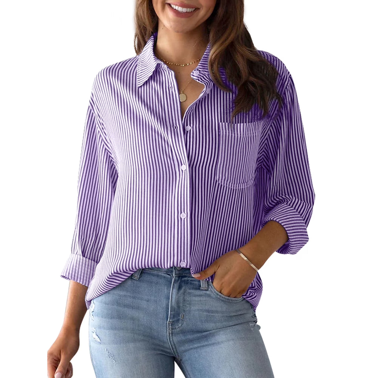 Charmo Striped Button Down Blouses Shirts for Womens Dress Shirts Long Sleeve Collared Blouses Work Business Casual Tops