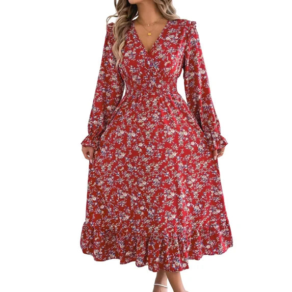 Sociala Womens Long Sleeve Fall Maxi Dress 2026 Cross V-neck Floral Long Dresses Daily Wear Party Wedding