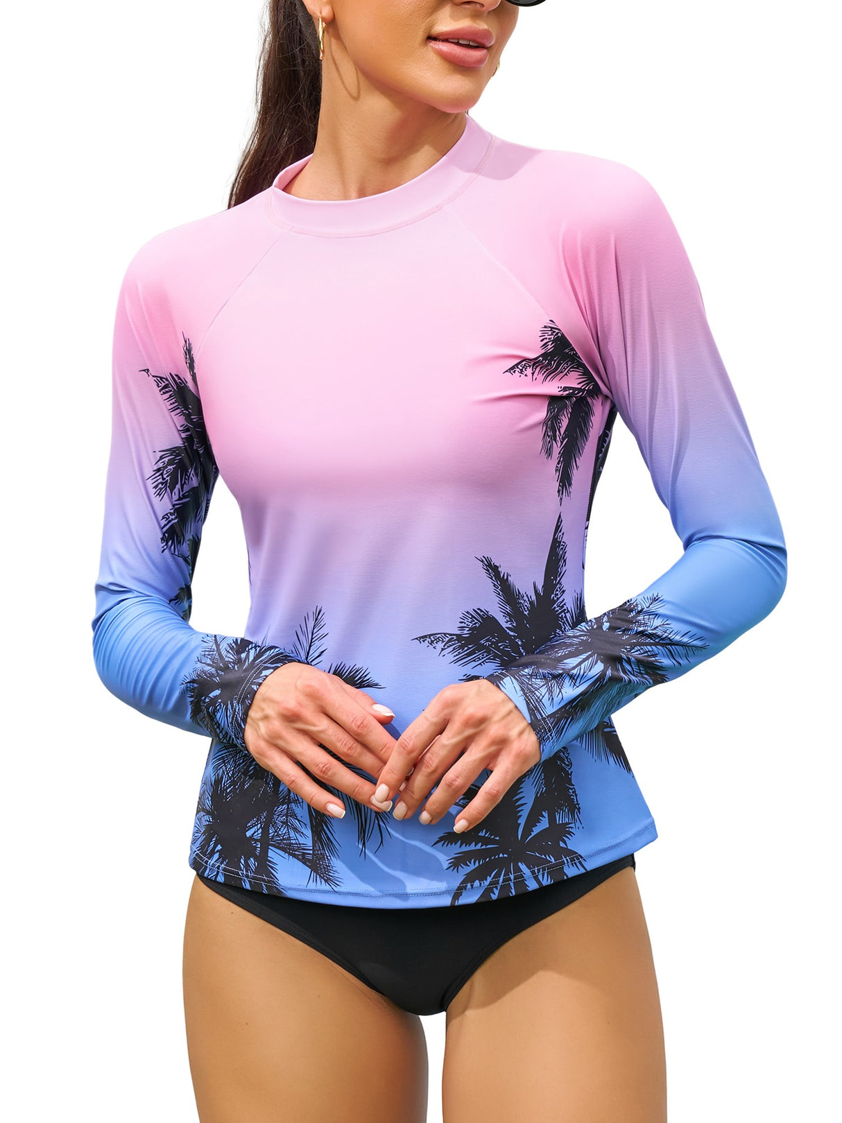 Charmo UPF 50+Swim Tops for Womens Long Sleeve Rashguard Printed Swim Shirts