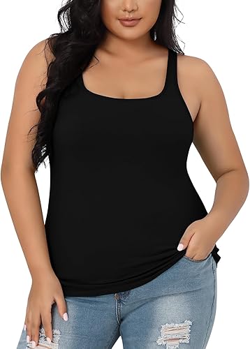 Charmo Womens Plus Size Cotton Tank Tops with Shelf Bra Adjustable Wider Strap Camisole Basic Undershirts 1X-5X