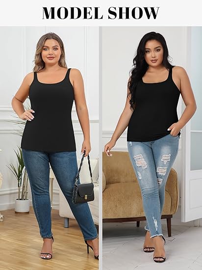 Charmo Womens Plus Size Cotton Tank Tops with Shelf Bra Adjustable Wider Strap Camisole Basic Undershirts 1X-5X
