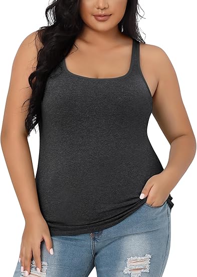 Charmo Womens Plus Size Cotton Tank Tops with Shelf Bra Adjustable Wider Strap Camisole Basic Undershirts 1X-5X