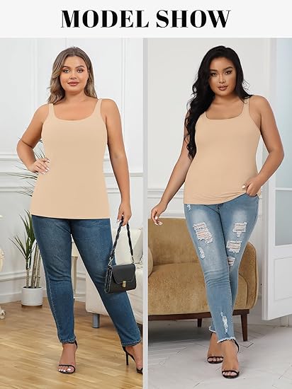 Charmo Womens Plus Size Cotton Tank Tops with Shelf Bra Adjustable Wider Strap Camisole Basic Undershirts 1X-5X