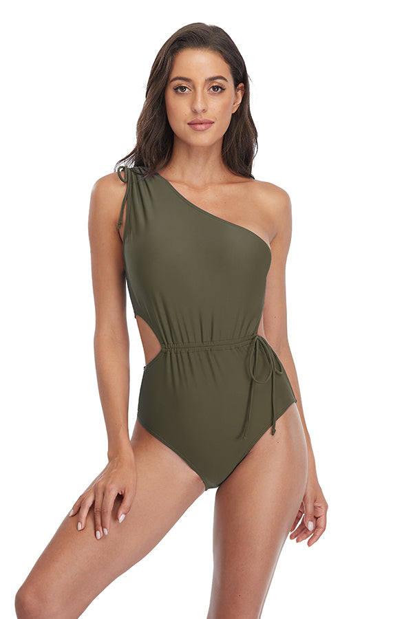Clearance | Solid One Shoulder Drawstring One Piece Swimsuit