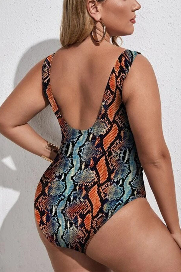 Plus Size Snake Pattern Cut Out One Piece Swimsuit