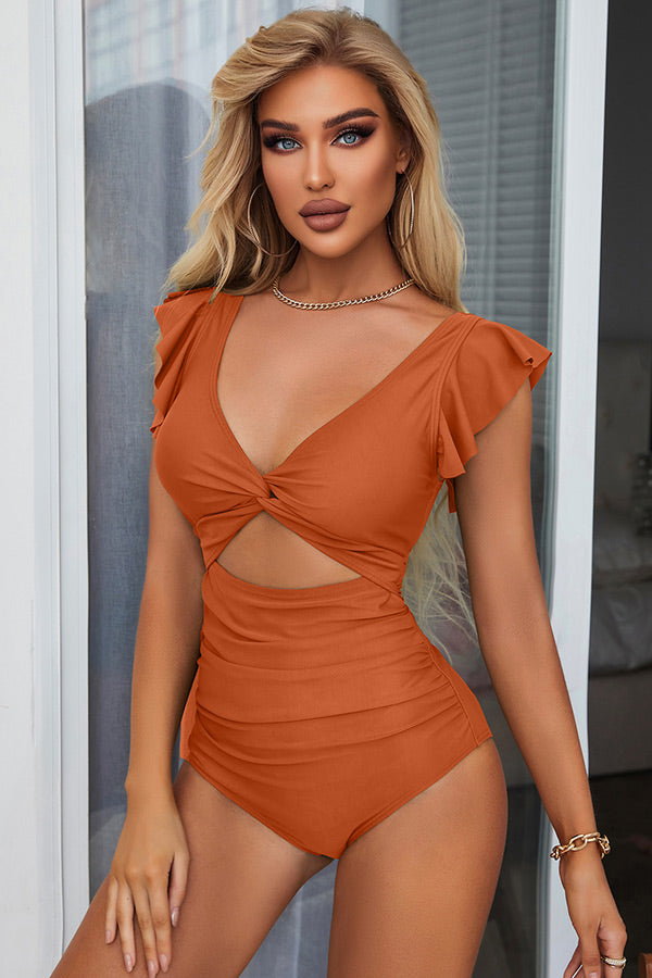 Twist Cut Out Ruched Side Butterfly Sleeve Orange One Piece Swimsuit