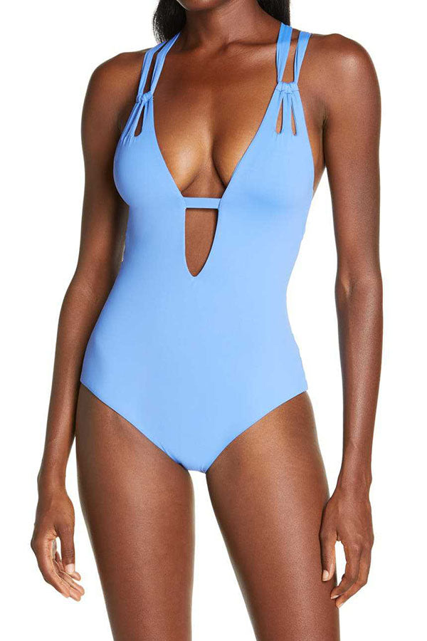 Plain V Neck Lace Up Backless One-Piece Swimsuit-Charmo