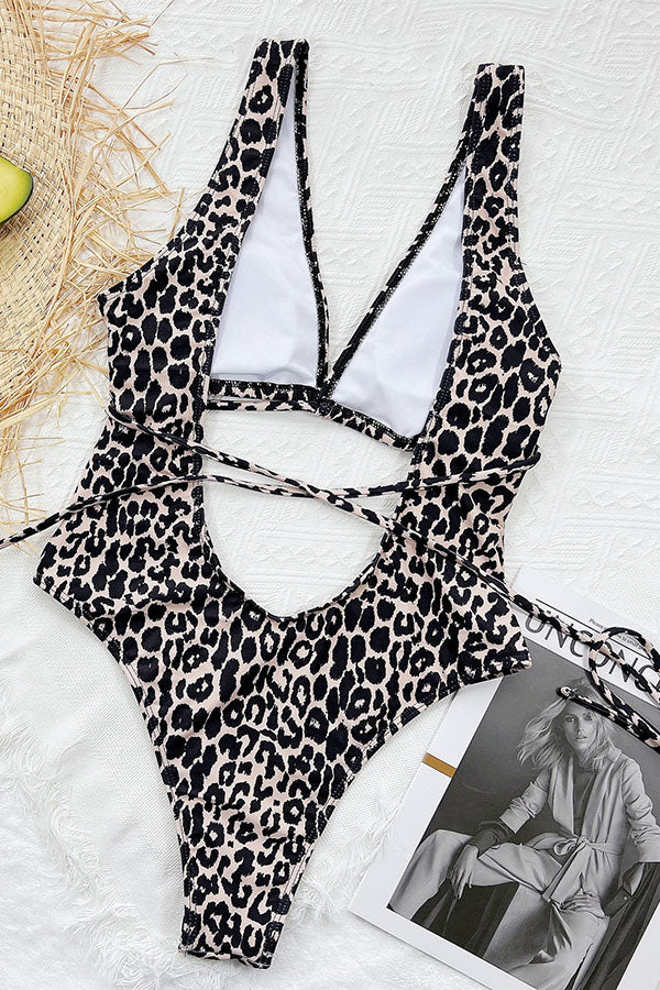 Leopard Print Cutout Open Back One Piece Swimsuit-Charmo