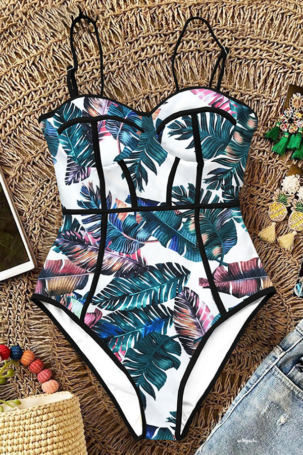 Floral Print Push Up One Piece Swimsuit-Charmo