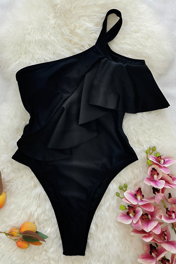 Cut Out Ruffle Trim One Shoulder One Piece Swimsuit