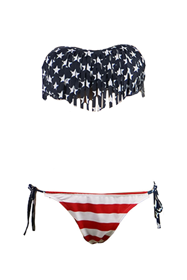 Bandeau Tassel American Flag Bikini Set Swimsuit-Charmo