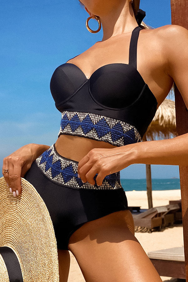 Contrast Trim Push Up High Waisted Bikini Swimsuit-Charmo
