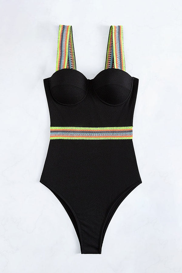 Black Wide Strap One Piece Swimsuit-Charmo