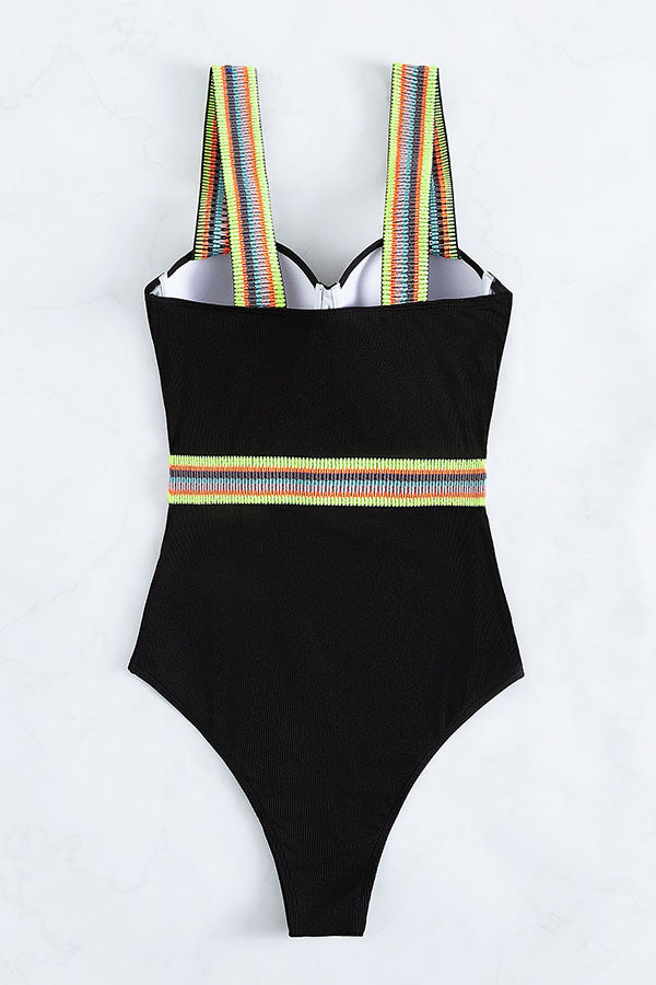 Black Wide Strap One Piece Swimsuit-Charmo